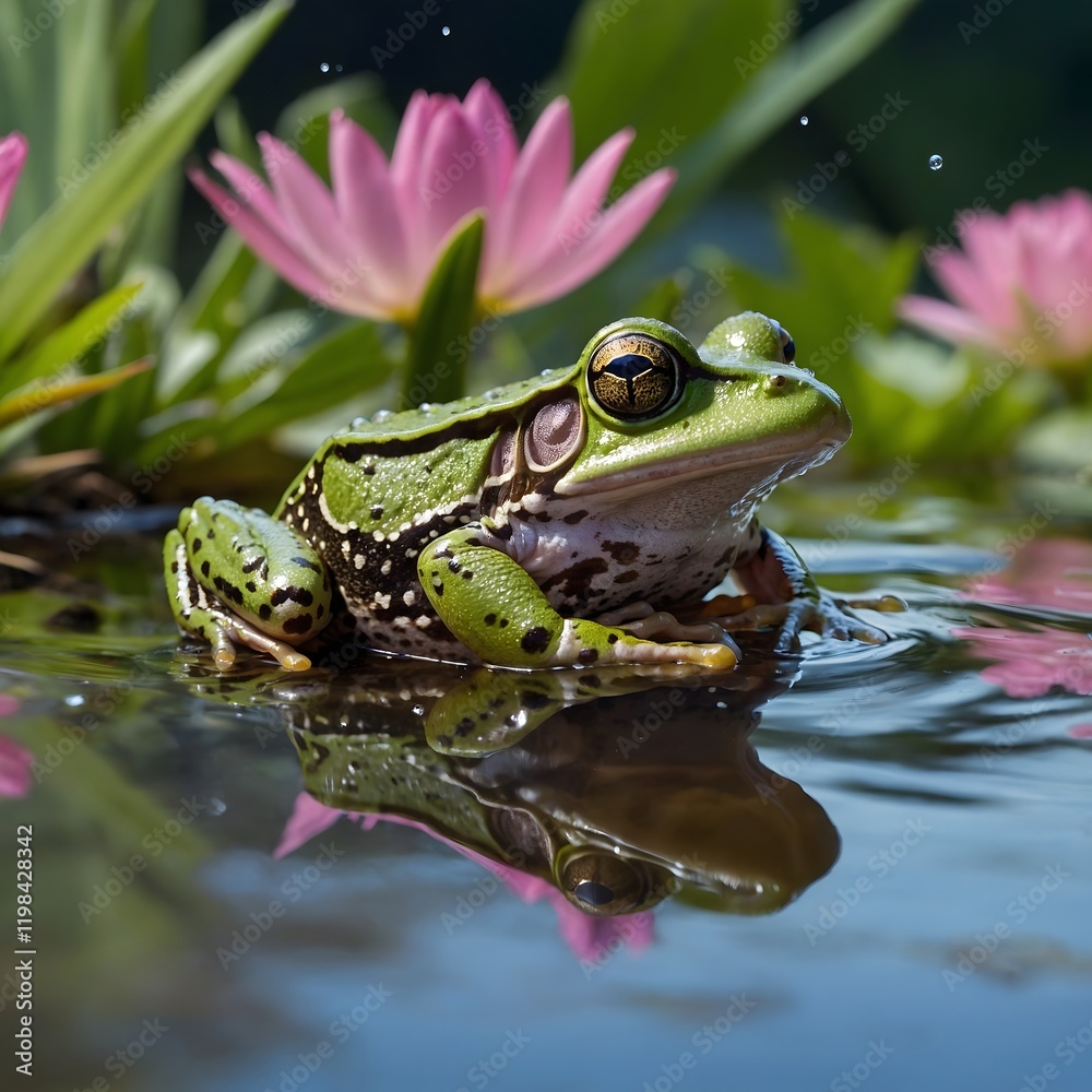 Mating Dance: Northern Claude Pool Frogs in Pond with Water Splashes and Aquatic Plants Mating Dance: Northern Claude Pool Frogs in Pond with Water Splashes and Aquatic Plants
