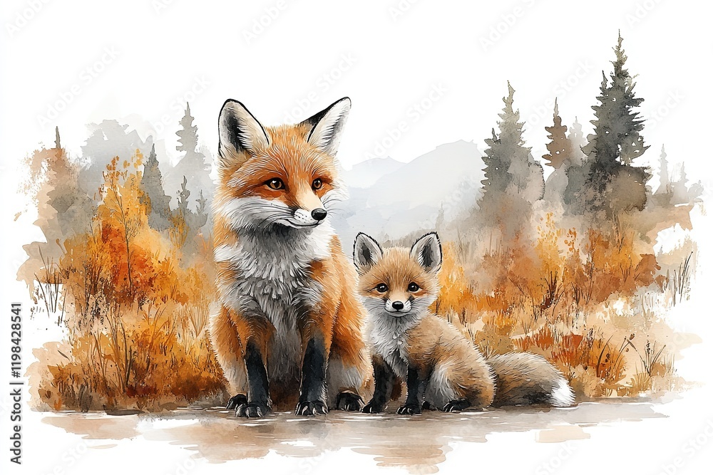 Obraz premium A fox and its kit sit together in a serene autumn landscape.