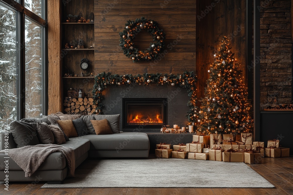 Obraz premium Modern living room decorated for Christmas with a wooden wall, fireplace, grey sofa, Christmas tree with garland, gifts, and a clock on a white background.