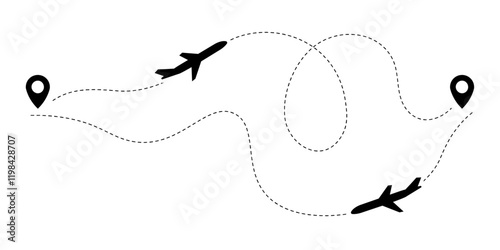 Round trip travel concept illustration with airplanes and dotted path. Ideal for travel, tourism, flight navigation, and creative design projects.