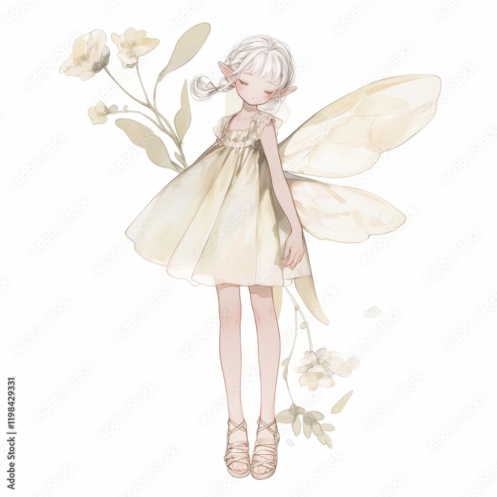 Elegant Fairy Girl with Wings in a Pale Dress Delicate Flowers Watercolor Illustration Elegant Fairy Girl with Wings in a Pale Dress Delicate Flowers Watercolor Illustration