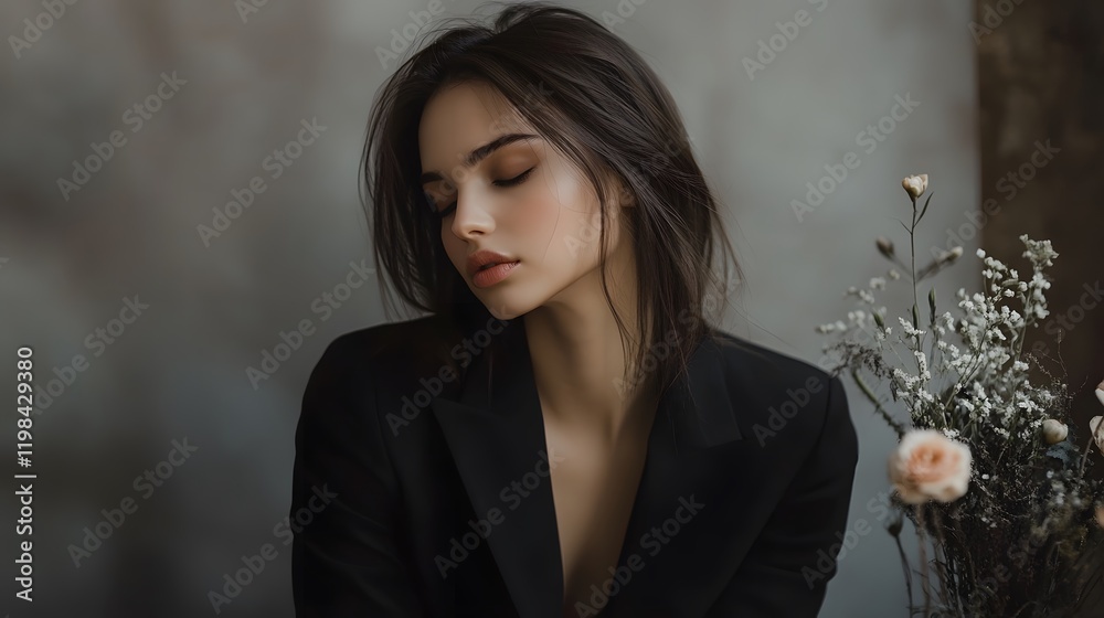 Fototapeta premium Elegant Woman in Black Blazer Eyes Closed Near Flowers