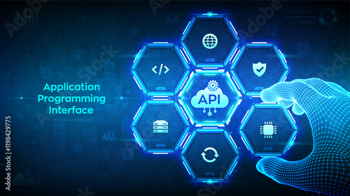 API. Application Programming Interface. Software development tool, cloud computing technology concept. Wireframe hand places an element into a composition visualizing API. Vector illustration.