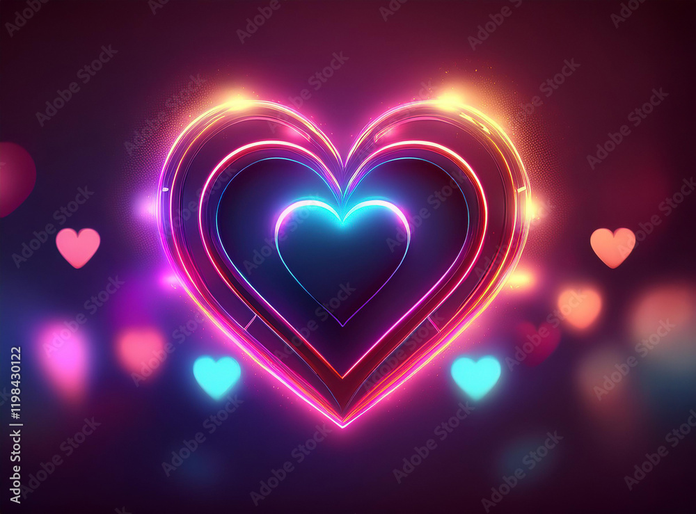 Neon love heart banner frame with text space, with bokeh background 
