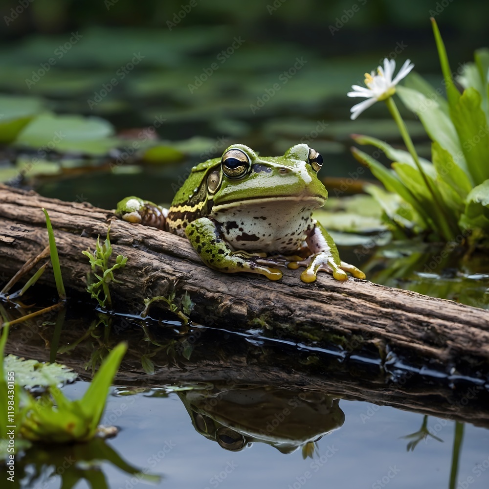 Obraz premium Quiet Moment: Marsh Frog Resting on Log Surrounded by Marsh Serenity