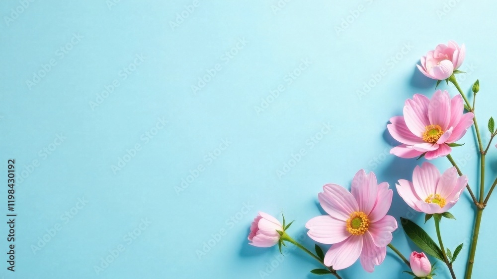 Fototapeta premium Delicate Pink Blossoms Arranged on a Light Blue Background, Creating a Serene and Elegant Floral Composition Perfect for Invitations, Cards, or Digital Designs.