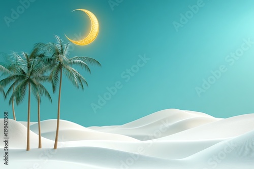 A 3D-style background with a glowing crescent moon in gold and stylized palm trees on the left, with a minimalistic turquoise mosque on the right. photo