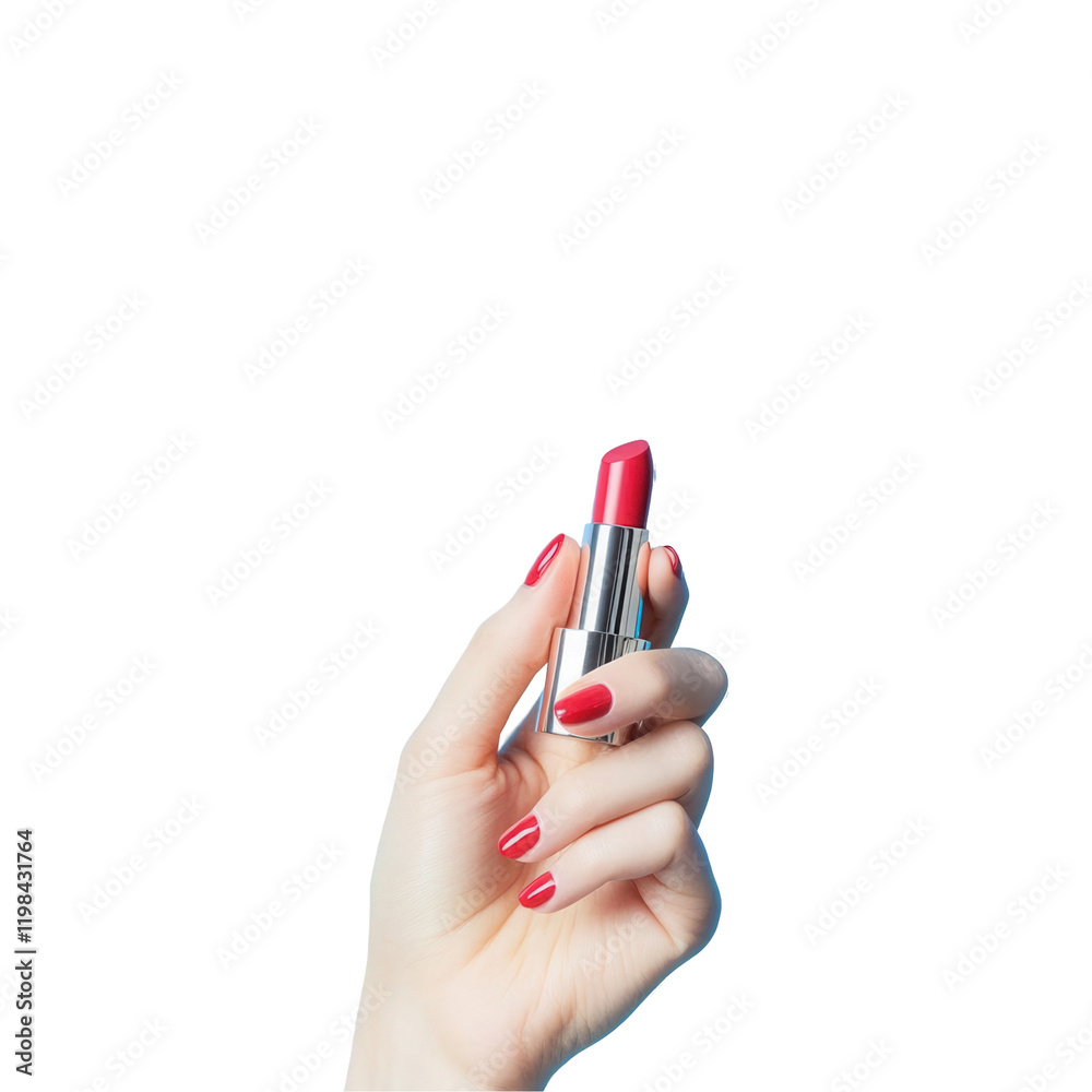 Applying vegan lipstick by hand with transparent background beauty product studio setting close-up view Applying vegan lipstick by hand with transparent background beauty product studio setting close-up view