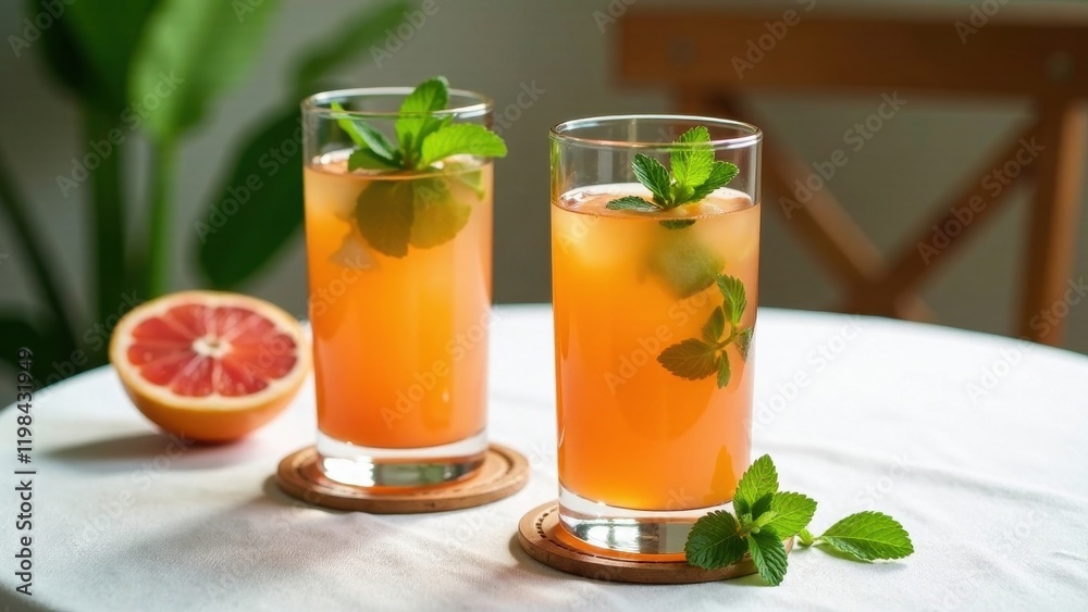 Refreshing citrus beverage with ice and mint garnish served in tall glasses on a table Refreshing citrus beverage with ice and mint garnish served in tall glasses on a table