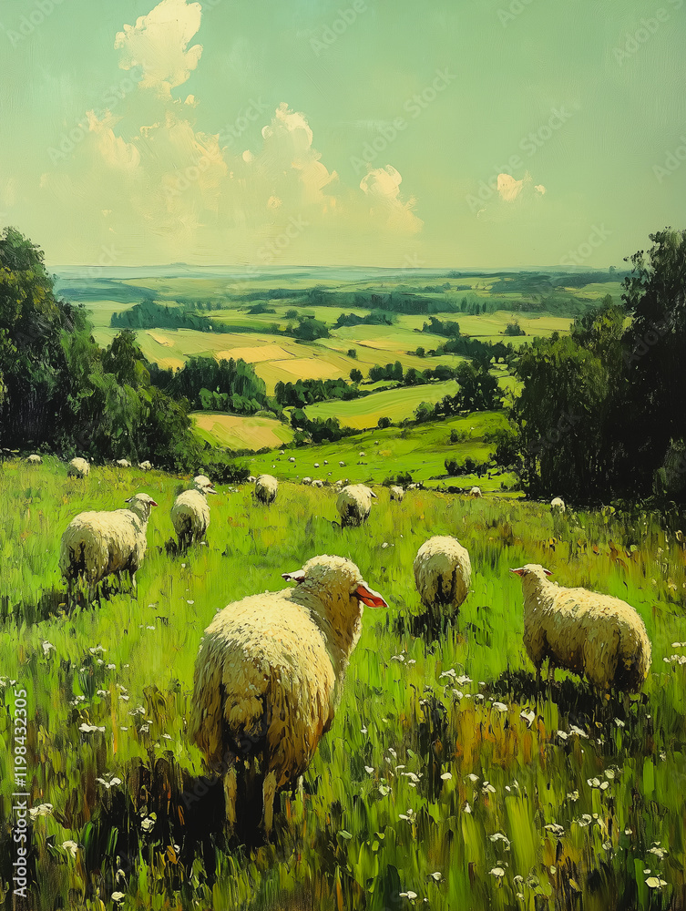 Fototapeta premium Sheep grazing in a green rolling pasture