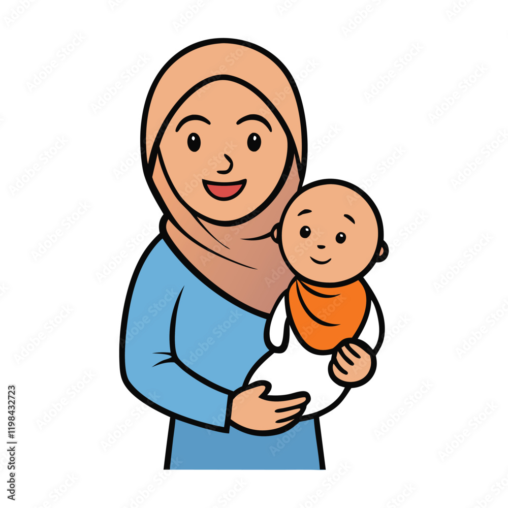 A joyful Muslim mom, glowing with love, cradles her baby in her arms. She wears a hijab, radiating warmth and care, as her baby giggles, creating a heartwarming moment. A joyful Muslim mom, glowing with love, cradles her baby in her arms. She wears a hijab, radiating warmth and care, as her baby giggles, creating a heartwarming moment.