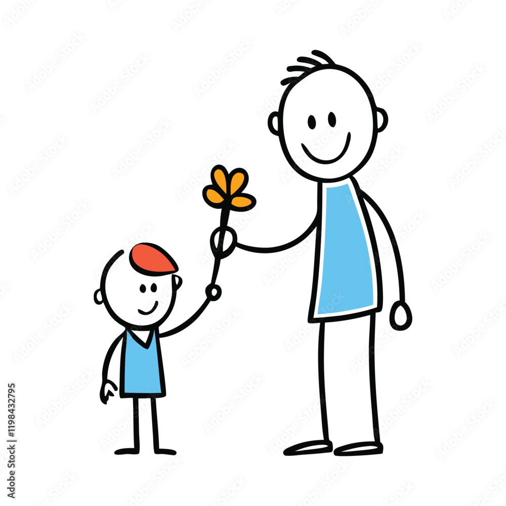 Fototapeta premium A heartfelt stick-figure scene: a caring father hands a flower to his smiling son, capturing a moment of love, warmth, and the simple joy of sharing.