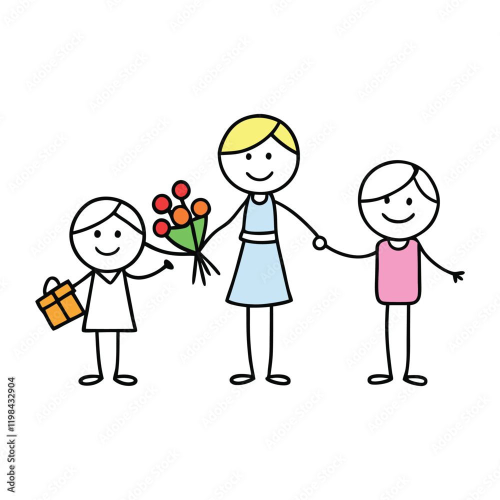 A heartwarming scene of a stick-figure boy joyfully handing a flower to his mother, capturing pure love and gratitude in simple, charming lines. Perfect for family-themed designs. A heartwarming scene of a stick-figure boy joyfully handing a flower to his mother, capturing pure love and gratitude in simple, charming lines. Perfect for family-themed designs.