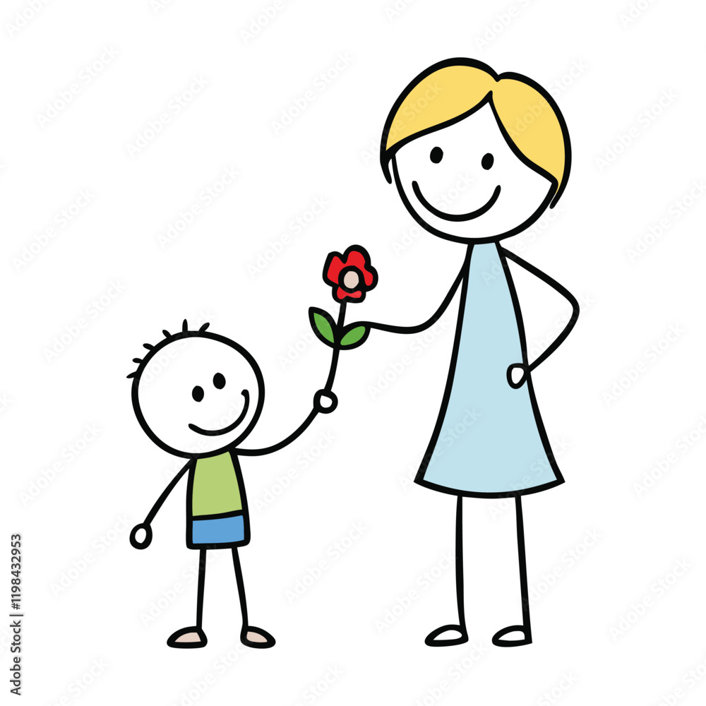 A heartwarming scene of a stick-figure boy joyfully handing a flower to his mother, capturing pure love and gratitude in simple, charming lines. Perfect for family-themed designs. A heartwarming scene of a stick-figure boy joyfully handing a flower to his mother, capturing pure love and gratitude in simple, charming lines. Perfect for family-themed designs.