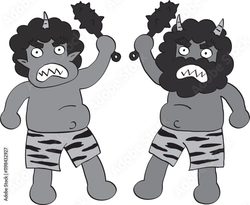 ポップでゆるい鬼が棍棒を振り上げているイラス