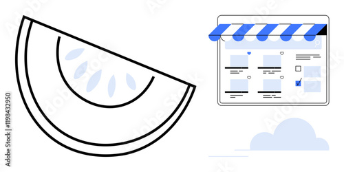 Lemon slice with a simple design next to an e-commerce website under a blue-striped awning. Ideal for online shop, fresh products, marketplace, digital marketing, consumer goods, organic products