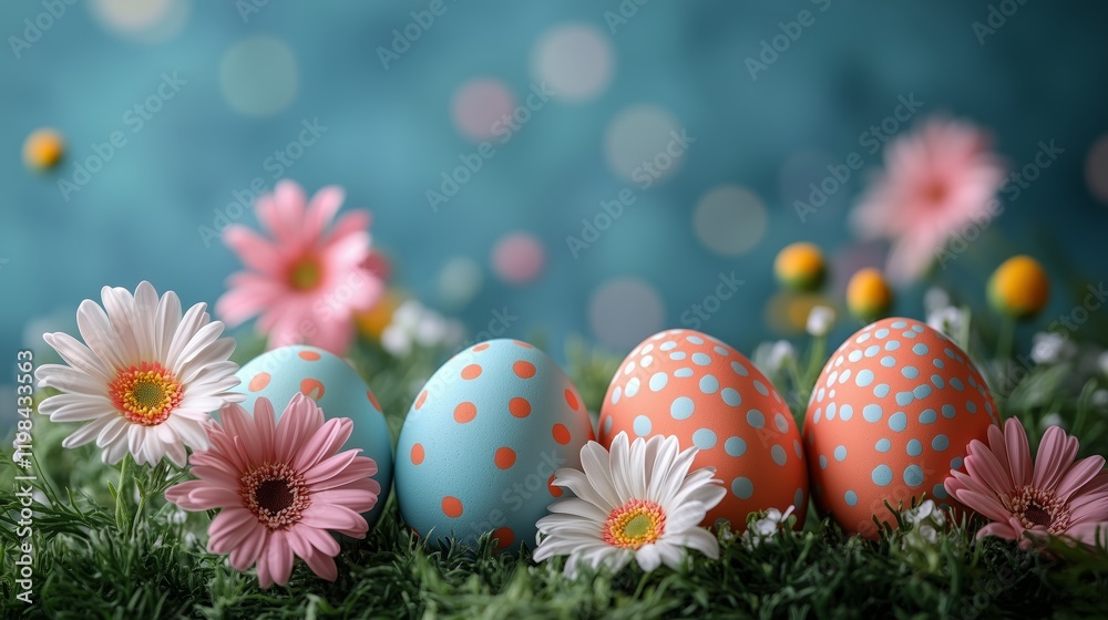 Flat lay frame with ornament decorated Easter eggs and wildflowers on a blue background. Happy Easter concept banner with copy space. Top view design for spring, template, card, poster, ads Flat lay frame with ornament decorated Easter eggs and wildflowers on a blue background. Happy Easter concept banner with copy space. Top view design for spring, template, card, poster, ads