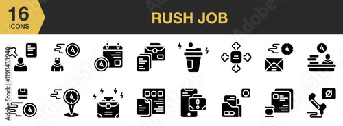 Rush Job solid icon set. Includes late, deadline, computer, hurry, busy, and More. Solid icons vector collection.