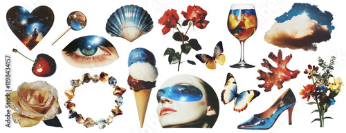 PNG Surreal collage with nature elements set, isolated on transparent background photo