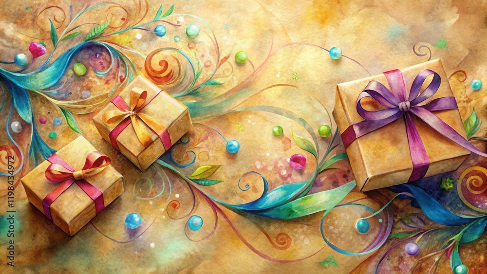 Fototapeta premium Festive Gift Boxes Adorned with Whimsical Watercolor Flourishes and Vibrant Ribbons