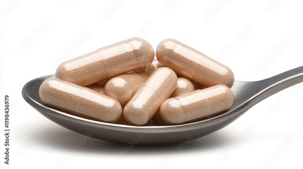 Close-up of Beige Capsules Piled on a Silver Spoon Against a Minimal Background for Health and Wellness Concepts