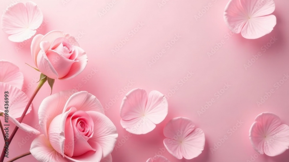 Fototapeta premium Delicate Pink Roses and Petals on a Soft Pink Background, a Romantic Floral Arrangement Perfect for Invitations, Cards, and Wallpapers