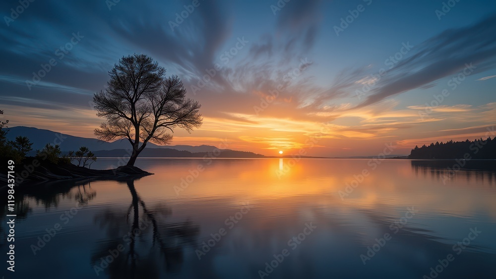 Naklejka premium Golden sunrise illuminates a serene lake against a deep blue sky, casting warm hues across the tranquil waters at dawn's embrace