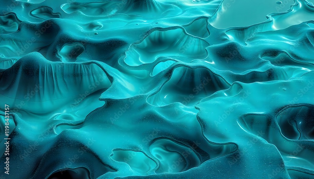 Obraz premium Abstract Teal Landscape: A mesmerizing digital art piece showcasing a surreal, undulating terrain in shades of teal and turquoise, evoking a sense of tranquility and mystery.