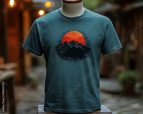 Teal t-shirt featuring a sunset mountain graphic. photo