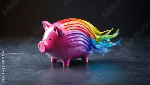 Pink piggy bank with rainbow tail on dark surface, symbolizing wealth and prosperity. photo