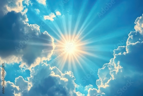 A bright sun shining through fluffy white clouds in a blue sky.