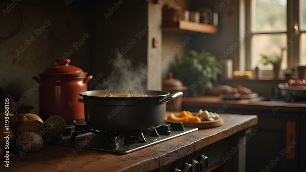 cooking in the kitchen Steaming Black Pot on Gas Stove in Cozy Rustic Kitchen cooking in the kitchen Steaming Black Pot on Gas Stove in Cozy Rustic Kitchen