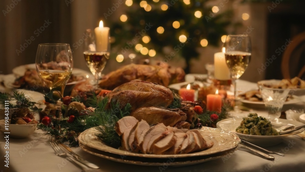 Christmas Dinner Table Setting with Tree and Festive Decor, Roast Turkey, Mashed Potatoes, Wine Glasses Festive and Cozy Ambiance Christmas Dinner Table Setting with Tree and Festive Decor, Roast Turkey, Mashed Potatoes, Wine Glasses Festive and Cozy Ambiance