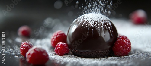 Decadent Chocolate Mousse Dome with Raspberries and Powdered Sugar photo