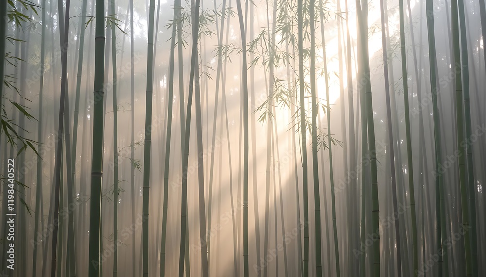 Naklejka premium Sunlight Streams Through A Misty Bamboo Forest