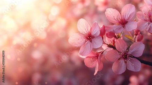 Delicate pink cherry blossoms blooming in a sunlit garden, creating a serene and vibrant atmosphere
