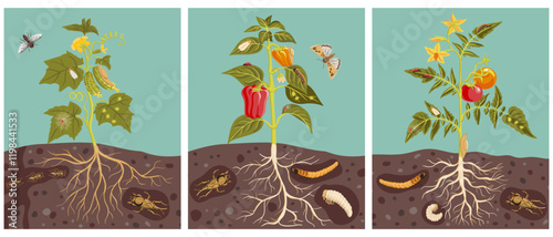 vector drawing garden plants of cucumber, tomato and bell pepper with green leaves, fruits and flowers and pests, vegetables and insects in soil ground, hand drawn illustration