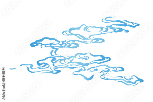 水色の和風線画イラスト。墨筆のかすれてうねる波。海や水しぶきのコンセプト