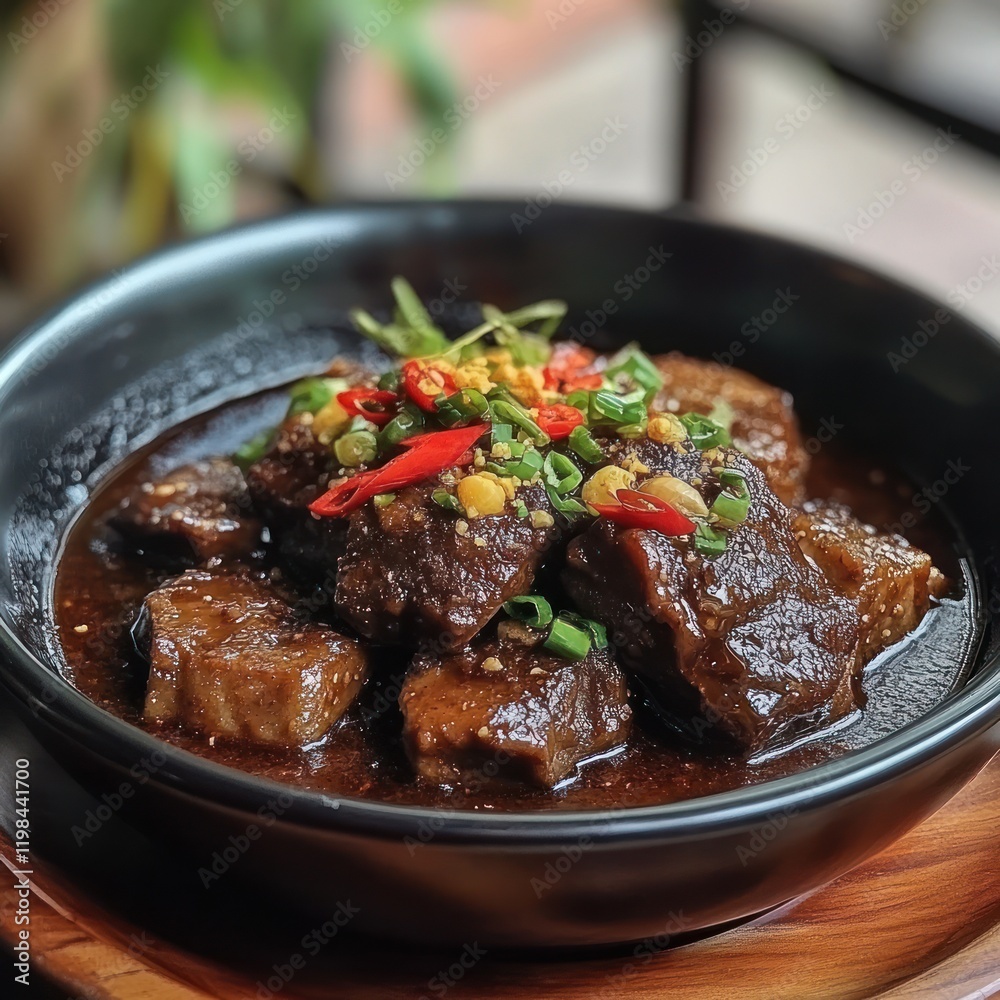 Deliciously plated beef stew garnished with herbs and chili, set in a cozy restaurant environment Deliciously plated beef stew garnished with herbs and chili, set in a cozy restaurant environment