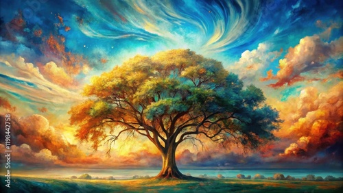 A Majestic Solitary Tree Stands Tall Against a Vibrant, Dreamlike Sunset Sky, Evoking Serenity and Wonder