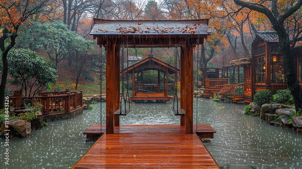 Obraz premium Serene Rain in a Tranquil Asian Garden