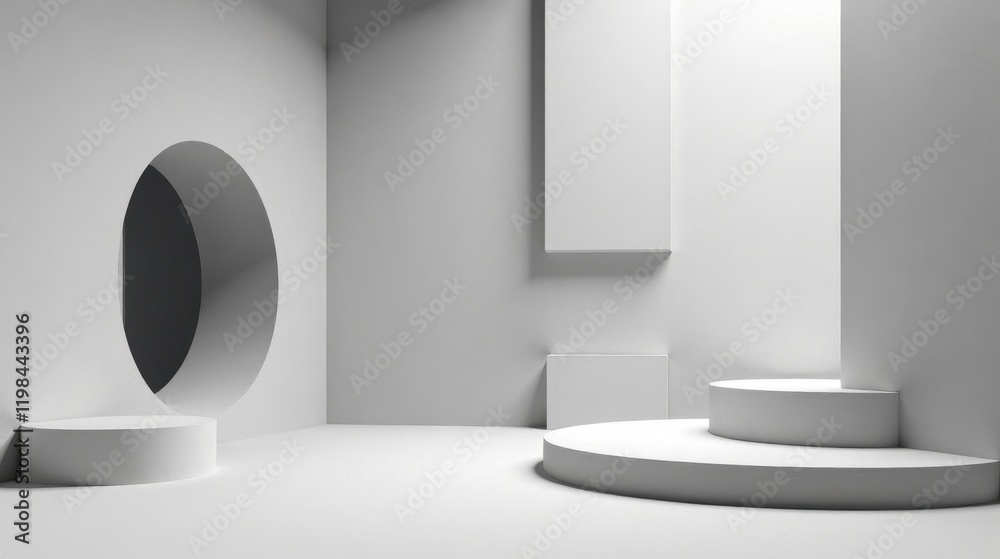 Fototapeta premium Abstract Minimalist White Architectural Scene with Circular Cutout and Platforms for Product Display