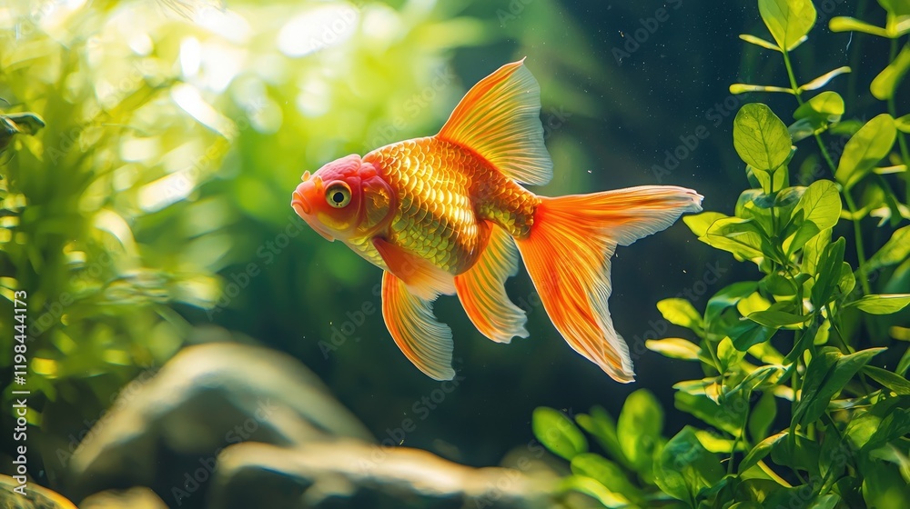 A goldfish swimming in a peaceful pond surrounded by green plants. A goldfish swimming in a peaceful pond surrounded by green plants.