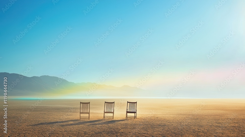 Three chairs on a sandy desert at sunrise. Three chairs on a sandy desert at sunrise.