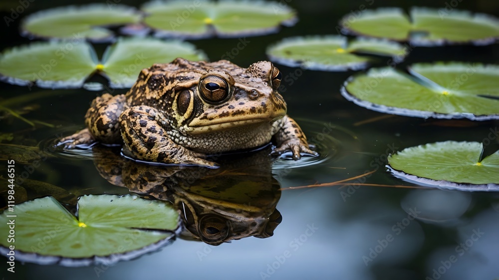 Nature’s Peace: Common Toad in Serene Pond Surrounded by Lily Pads and Dragonflies Nature’s Peace: Common Toad in Serene Pond Surrounded by Lily Pads and Dragonflies