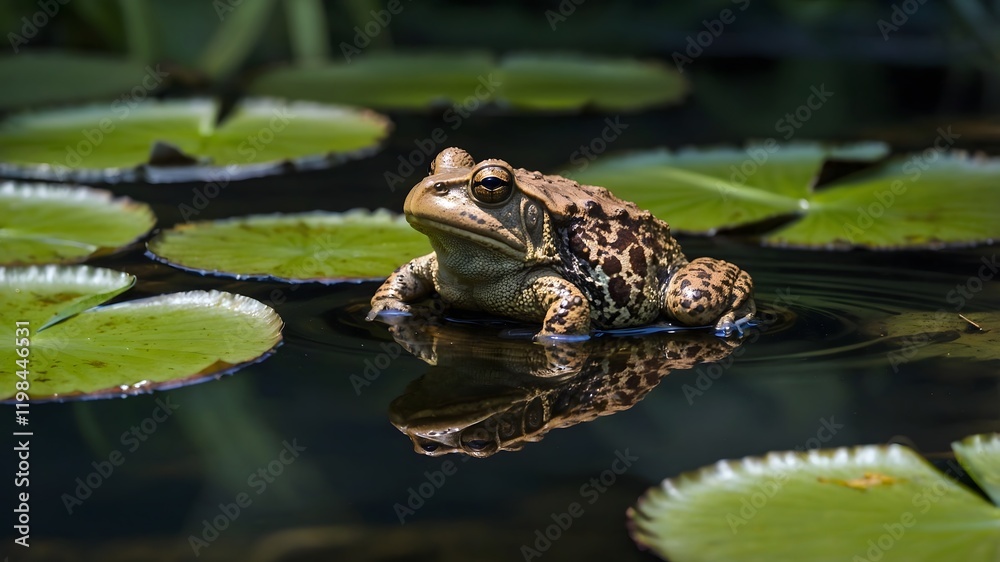A Quiet Moment: Common Toad in Tranquil Pond with Dragonflies and Lily Pads A Quiet Moment: Common Toad in Tranquil Pond with Dragonflies and Lily Pads