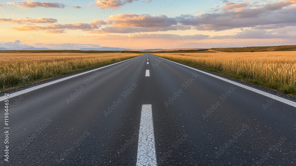 long, empty highway stretches into distance at sunrise, surrounded by golden fields under sky filled with soft clouds, evoking sense of solitude and tranquility long, empty highway stretches into distance at sunrise, surrounded by golden fields under sky filled with soft clouds, evoking sense of solitude and tranquility