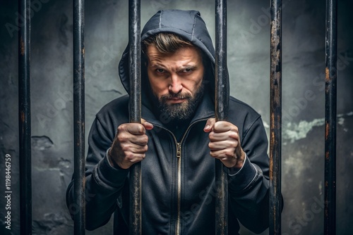 Man in prison hands of behind hold Steel cage jail bars. offender criminal locked in jail