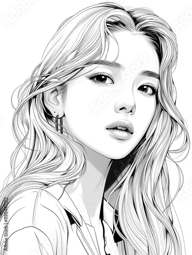 Asian woman model drawn in cartoon style. Female virtual K-pop idol coloring book. Korean Girls model with black and white line.