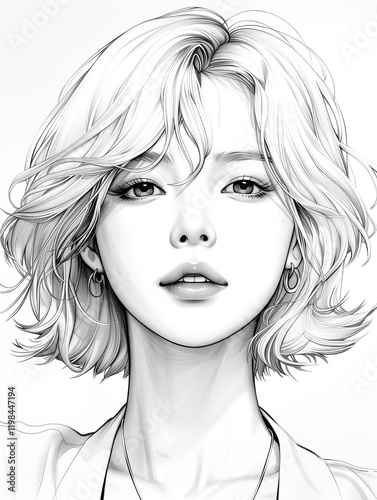 Asian woman model drawn in cartoon style. Female virtual K-pop idol coloring book. Korean Girls model with black and white line.